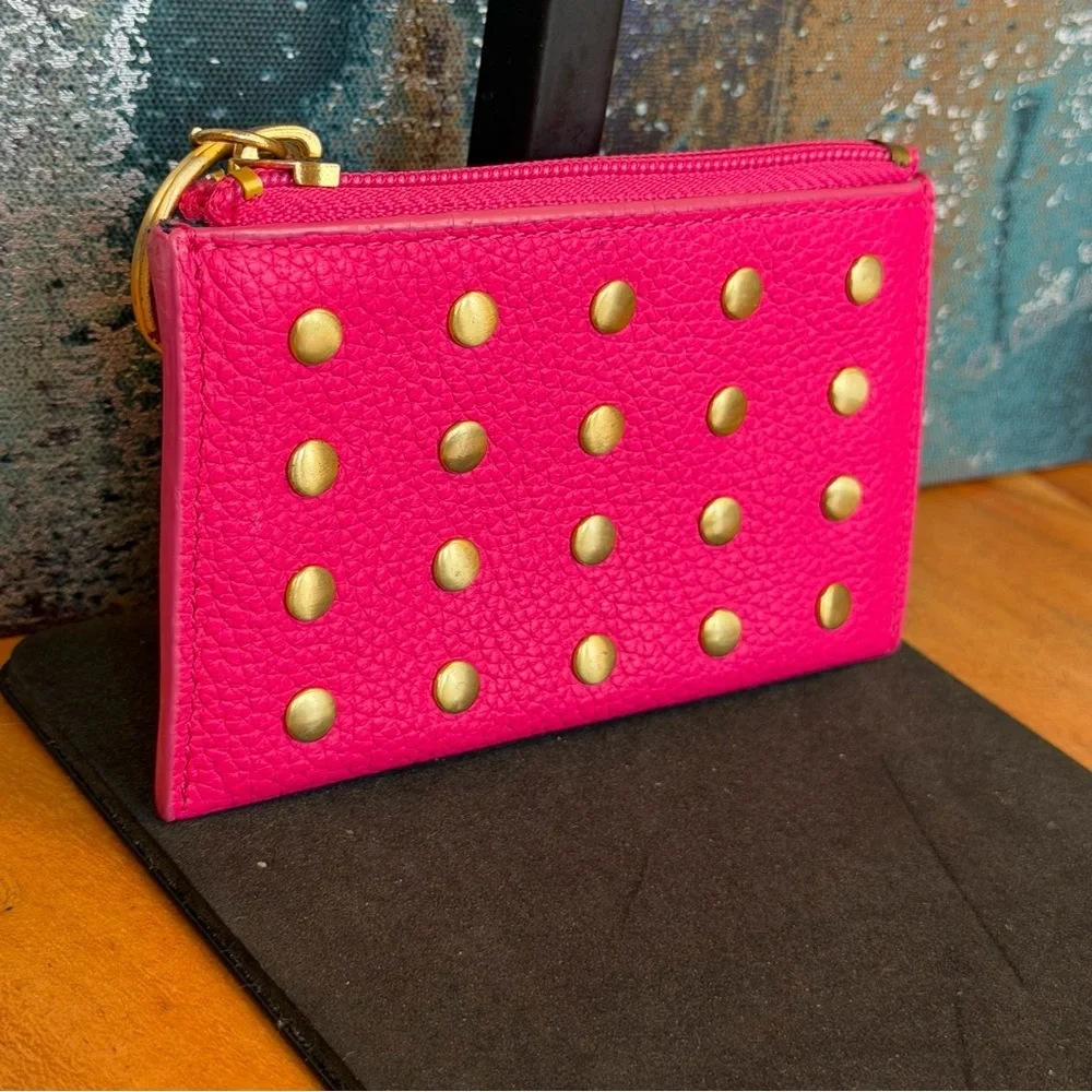 J.Crew Barbiecore Hot Pink Studded Leather Card Case & Key Ring (EUC)
